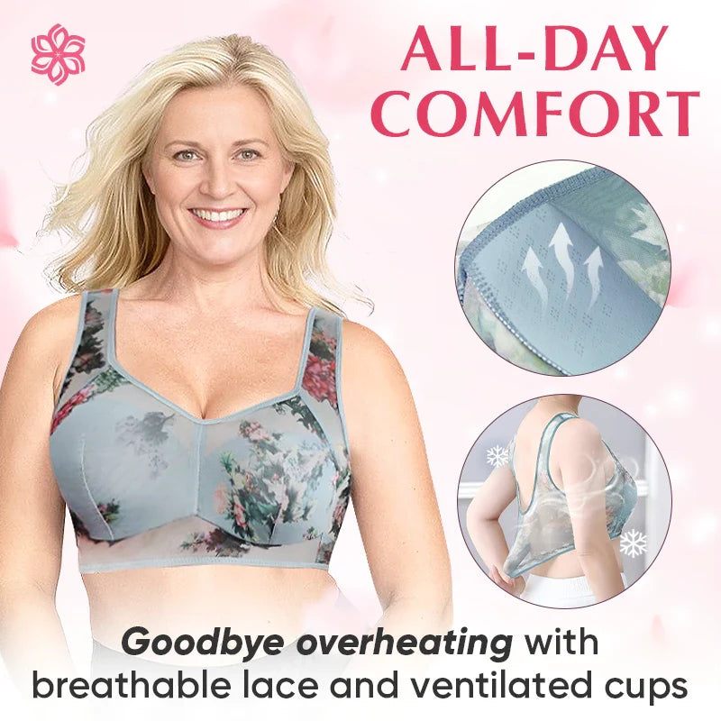 Seamless Full Coverage Wire Free Back Support Posture Bra Plus Size Flower lace bra