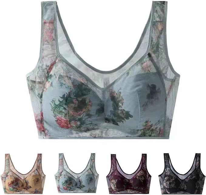 Seamless Full Coverage Wire Free Back Support Posture Bra Plus Size Flower lace bra
